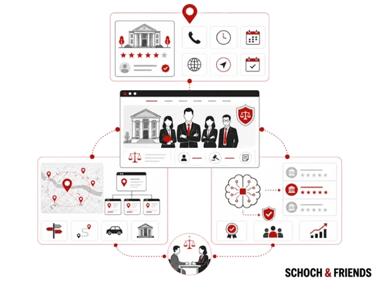 Diagramm zur Optimierung von Kanzlei-SEO mit Standortanzeige, Bewertung, Kontaktinformationen und Online-Präsenzstrategien.