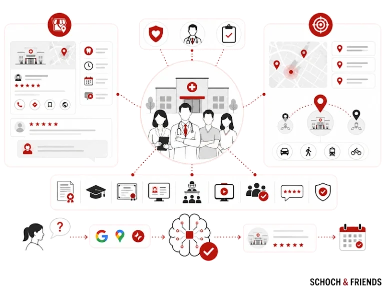 Krankenhaus-Team vernetzt durch digitale Tools, Bewertungen, Karte und SEO für verbesserte Patientenkommunikation und Standortfindung.
