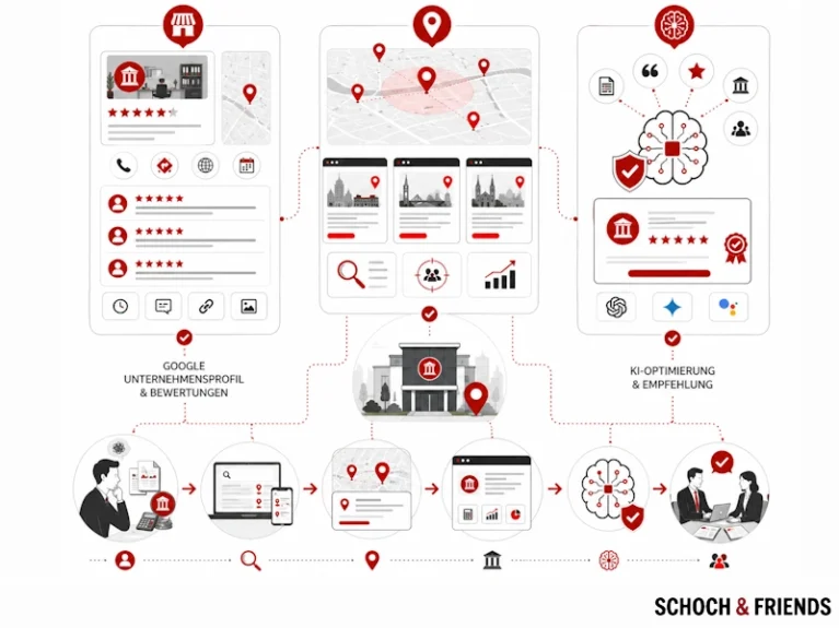 SEO-Diagramm zur Optimierung von Google-Unternehmensprofilen mit KI-gestützter Empfehlung und Bewertungsverwaltung.