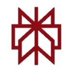 Rotes geometrisches Symbol mit Pfeil- und Kreuzmotiven auf grauem Hintergrund.