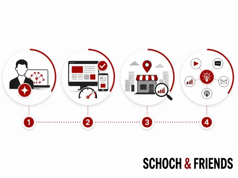 Vierstufiger SEO-Prozess: Zielsetzung, Website-Optimierung, Lokal-SEO, Content-Strategie von Schoch & Friends, visualisiert in Icons.