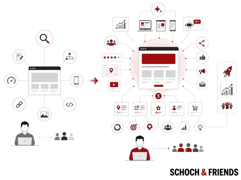 SEO-Prozessdiagramm: Optimierung, Content-Strategie, Social Media, Analyse und Wachstum für bessere Webseitenleistung und Nutzererlebnis.