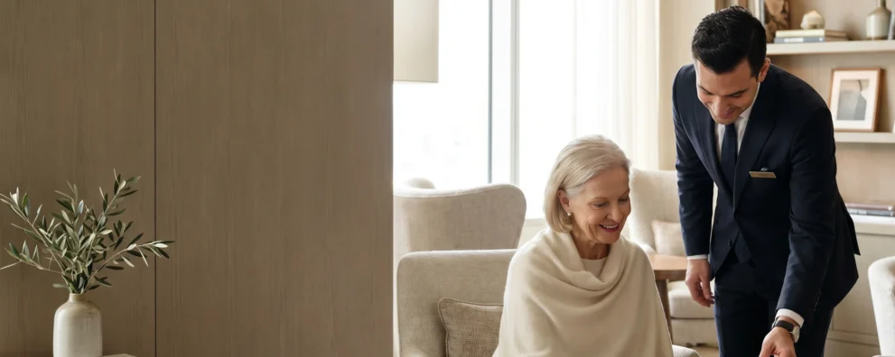 Mitarbeiter im Anzug begrüßt lächelnde Seniorin in einem eleganten Wohnzimmer.
