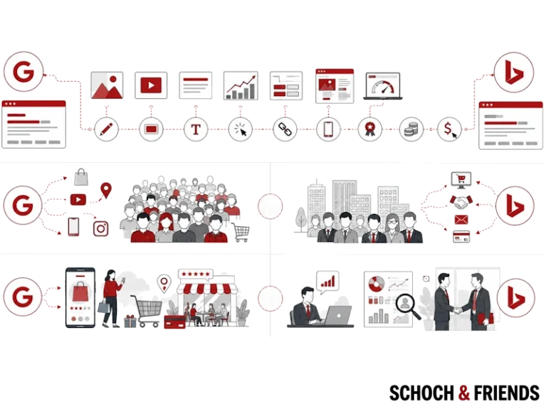 SEO-Strategie-Flowchart: Online-Marketing-Prozesse für Google und Bing zur Zielgruppenansprache und Conversion-Optimierung.