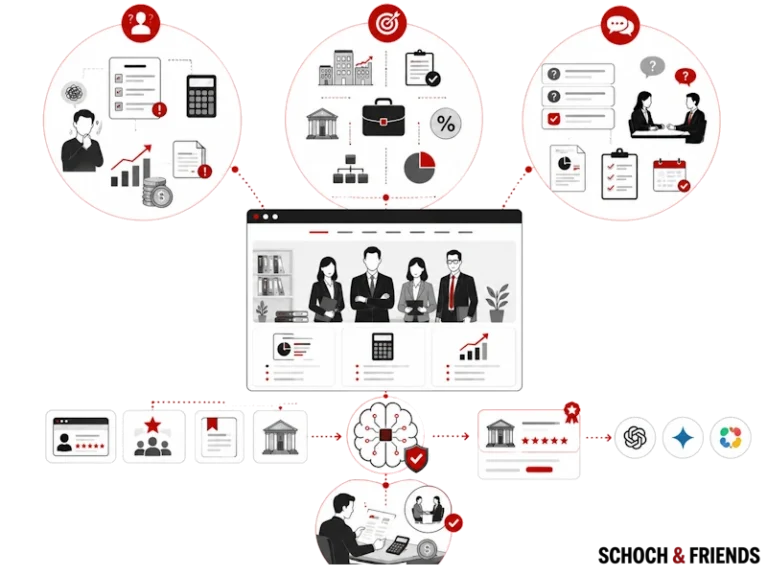 Diagramm zur Unternehmensstrategie: Zielsetzung, Teammanagement, Finanzanalyse und Kundenfeedback.