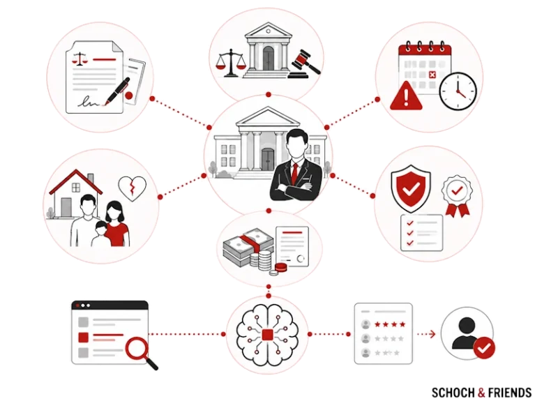 Illustration von juristischen Prozessen: Anwalt, Dokumente, Gericht, Uhr, Schutzsymbol, Familie, Geld, Bewertung. Vernetzte Symbole für rechtliche Themen.