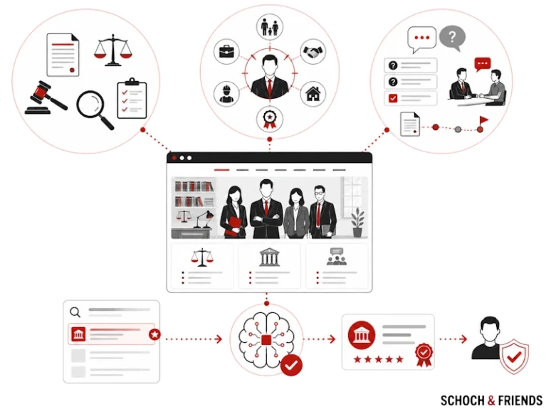 Diagramm zur Visialisierung von Anwaltsprozessen: Beratung, Fallanalyse, Mandantenbindung und Online-Präsenz.