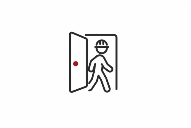 Icon: Ein Bewerber mit Schutzhelm tritt durch eine Tür in den Betrieb