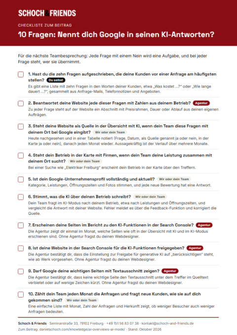 Vorschau der Checkliste „10 Fragen: Nennt dich Google in seinen KI-Antworten?“ von Schoch & Friends