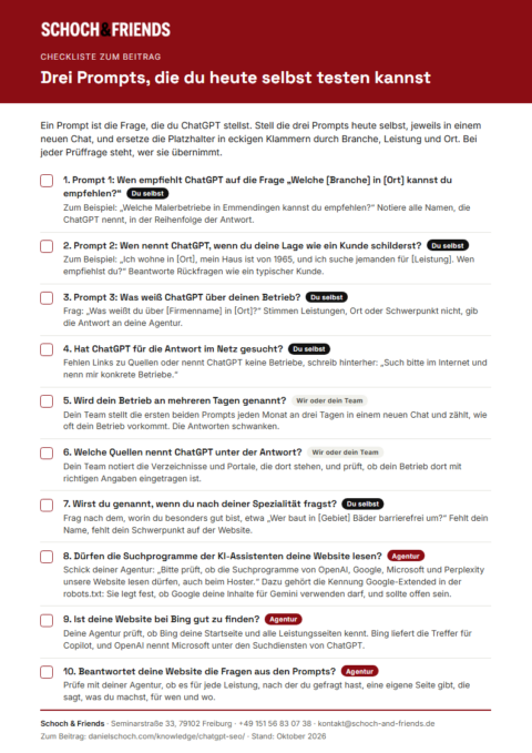 Vorschau der Checkliste „Drei Prompts, die du heute selbst testen kannst“ von Schoch & Friends