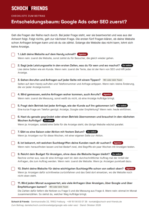 Vorschau der Checkliste „Entscheidungsbaum: Google Ads oder SEO zuerst?“ von Schoch & Friends