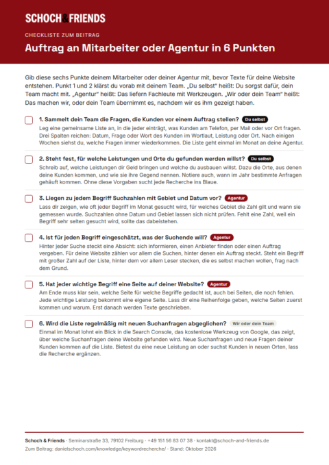 Vorschau der Checkliste „Auftrag an Mitarbeiter oder Agentur in 6 Punkten“ von Schoch & Friends