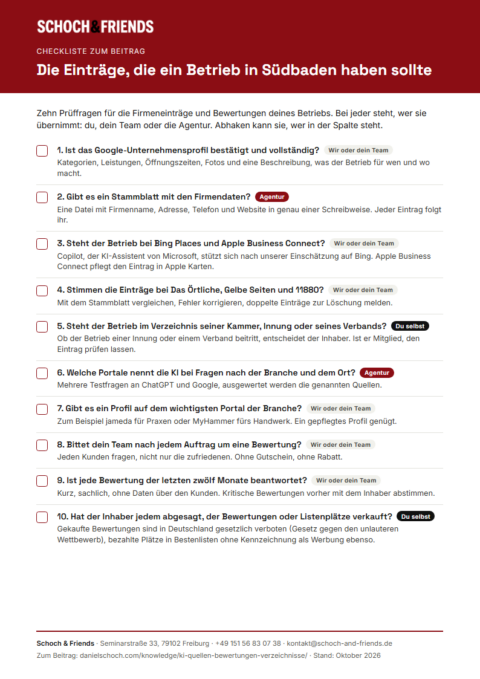 Vorschau der Checkliste „Die Einträge, die ein Betrieb in Südbaden haben sollte“ von Schoch & Friends