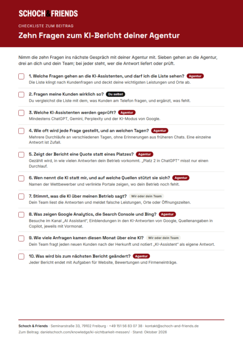 Vorschau der Checkliste „Zehn Fragen zum KI-Bericht deiner Agentur“ von Schoch & Friends
