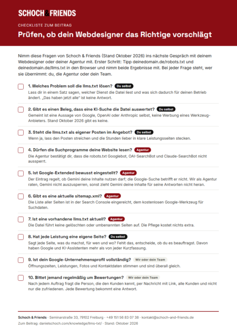 Vorschau der Checkliste „Prüfen, ob dein Webdesigner das Richtige vorschlägt“ von Schoch & Friends
