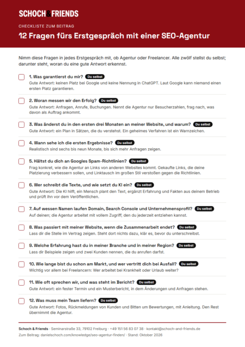 Vorschau der Checkliste „12 Fragen fürs Erstgespräch mit einer SEO-Agentur“ von Schoch & Friends