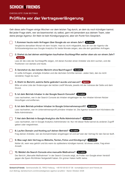 Vorschau der Checkliste „Prüfliste vor der Vertragsverlängerung“ von Schoch & Friends