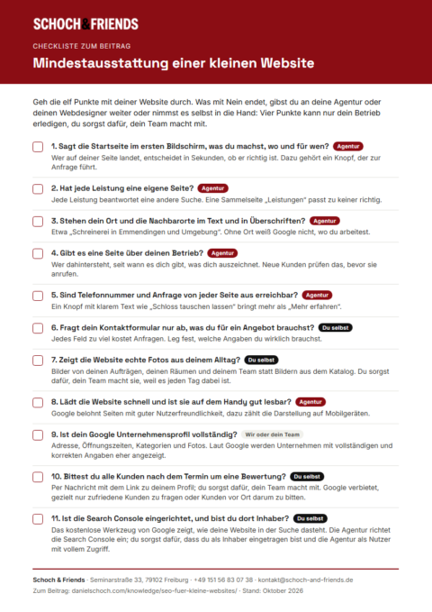Vorschau der Checkliste „Mindestausstattung einer kleinen Website“ von Schoch & Friends