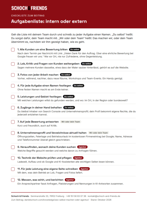 Vorschau der Checkliste „Aufgabenliste: intern oder extern“ von Schoch & Friends