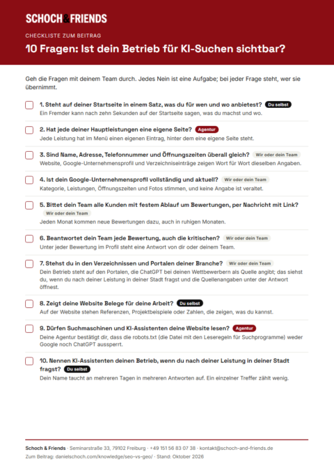 Vorschau der Checkliste „10 Fragen: Ist dein Betrieb für KI-Suchen sichtbar?“ von Schoch & Friends