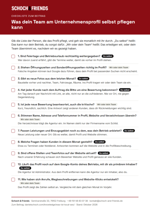 Vorschau der Checkliste „Was dein Team am Unternehmensprofil selbst pflegen kann“ von Schoch & Friends