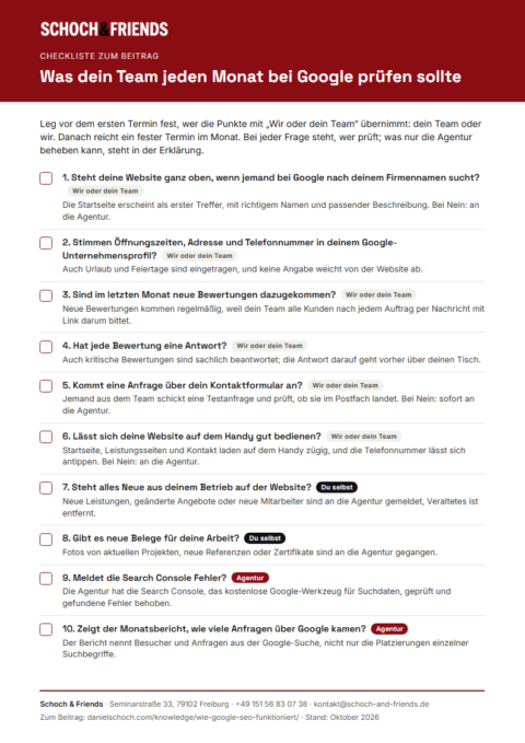 Vorschau der Checkliste „Was dein Team jeden Monat bei Google prüfen sollte“ von Schoch & Friends