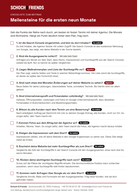 Vorschau der Checkliste „Meilensteine für die ersten neun Monate“ von Schoch & Friends