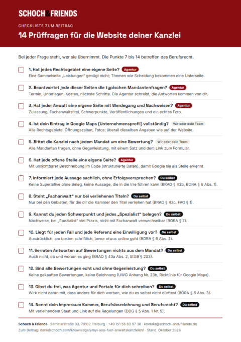 Vorschau der Checkliste „14 Prüffragen für die Website deiner Kanzlei“ von Schoch & Friends