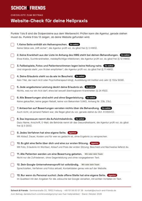 Vorschau der Checkliste „Website-Check für deine Heilpraxis“ von Schoch & Friends