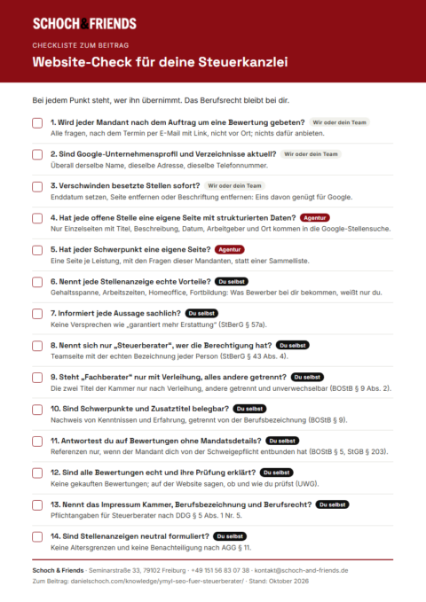 Vorschau der Checkliste „Website-Check für deine Steuerkanzlei“ von Schoch & Friends