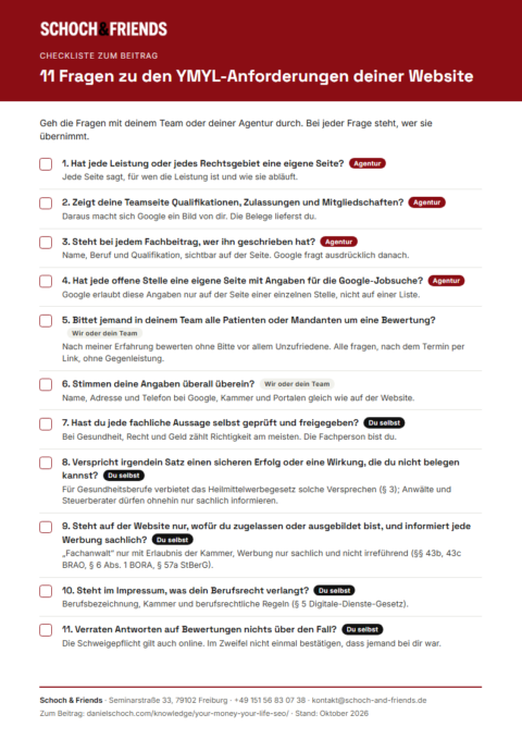 Vorschau der Checkliste „11 Fragen zu den YMYL-Anforderungen deiner Website“ von Schoch & Friends